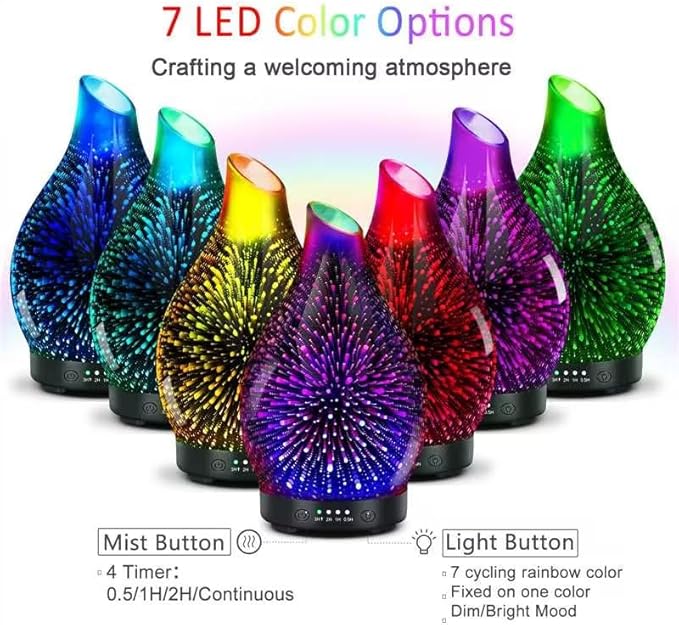 Essential Oil Diffuser 150ML -3D Firework Glass Aromatherapy Diffusers for Essential Oils with 4 Timer Setting Auto Shut-Off Silent Operation 7 Colors Lights Changing, Mothers Day for Room, Office