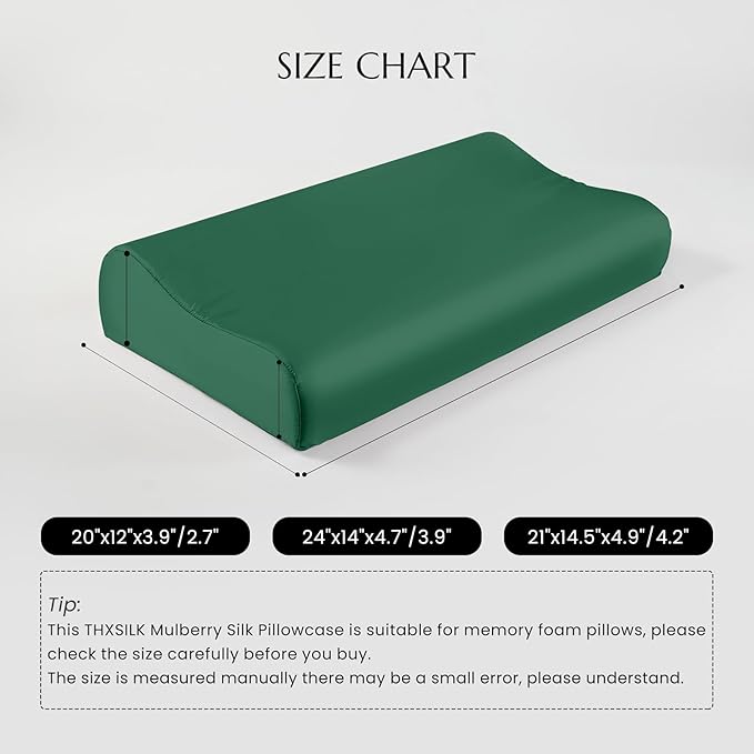 THXSILK 19 Momme 100% Mulberry Silk Pillowcase for Contour Memory Foam Pillow, Cervical Pillow Case Cover, 1 Pack (20"x12"x3.9"/2.7")
