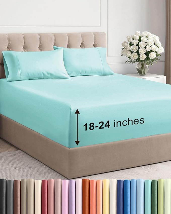 Extra Deep Full Sheet Set - 4 Piece Breathable & Cooling Bed Sheets - Easily Fits 18 to 24 inch Mattress - Ultra Soft, Wrinkle & Fade Free w/ Extra Deep Pockets - Comfy Hotel Luxury Bedding - Spa Blue