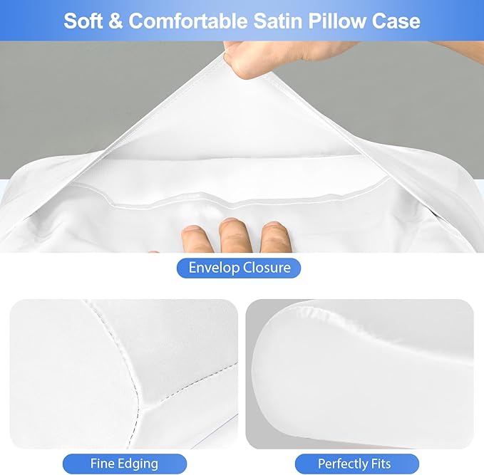 Satin Pillowcase for Contour Memory Foam Pillows, 24" x 14" x 5.1"/3.5" Cervical Pillow Case, Soft Pillow Cover for Sleeping Pillows (White)
