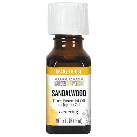 Aura Cacia Ready-to-Use Sandalwood Essential Oil in Jojoba Oil, 0.5 Fl Oz, for Aromatherapy and Skin Care