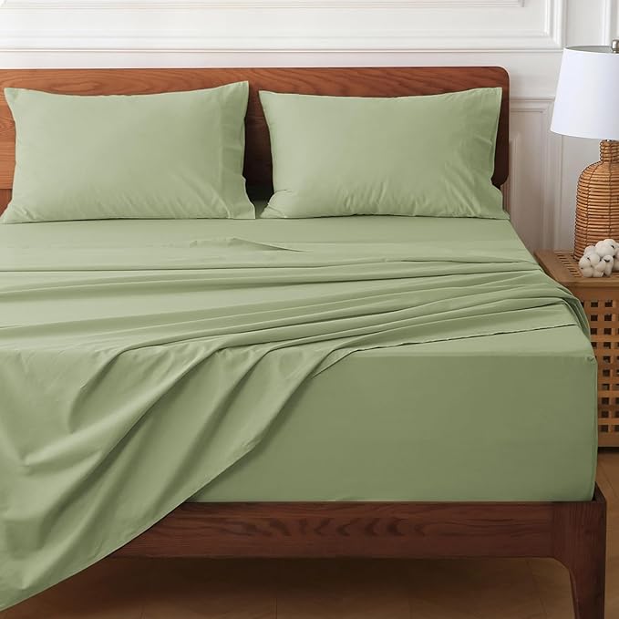 HYPREST 100% Cotton Percale Sheets Queen Size - 18-24 Extra Deep Pocket Bed Sheet Set Queen, Crisp & Breathable Cooling Bedding (Sage Green, Queen)