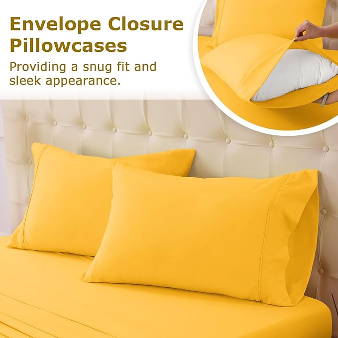 California King Size Bed Sheet Set - 4 Piece Soft Microfiber Sheets with Deep Pockets, Cooling Technology, and Wrinkle-Free Pillowcase. Hotel-Quality, Durable Bedding, Spectra Yellow