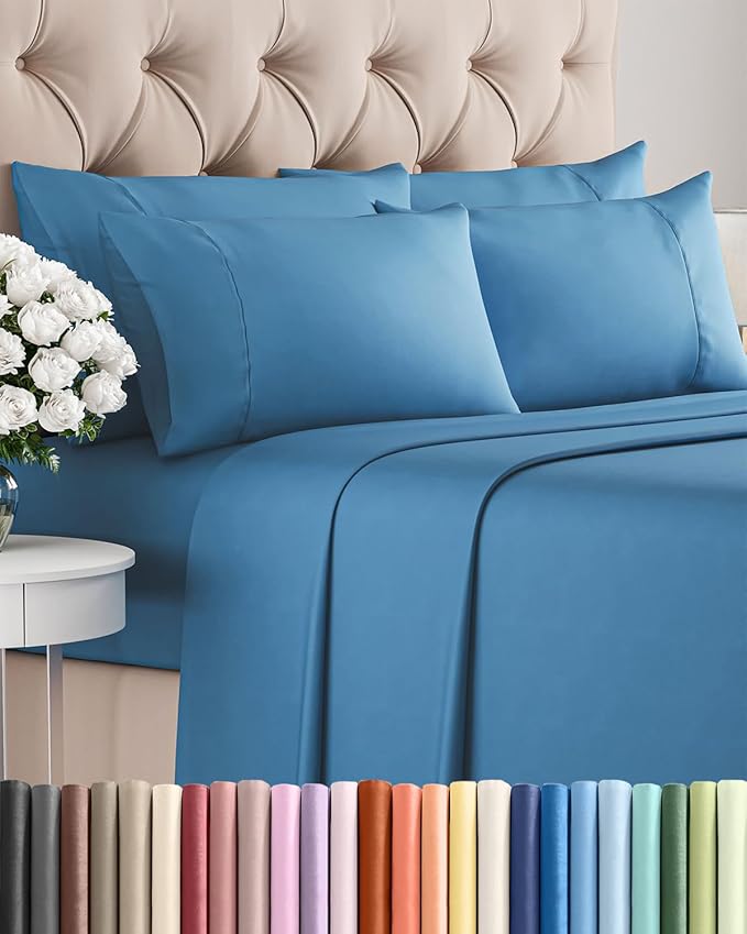 Full 6 Piece Sheet Set - Comfy, Breathable & Cooling - Hotel Luxury Bedding for Women, Men, Kids, Teens & Children - 1 Flat & 1 Fitted Sheet & 4 Pillowcases w/ Deep Pockets - Wrinkle Free - Denim Blue