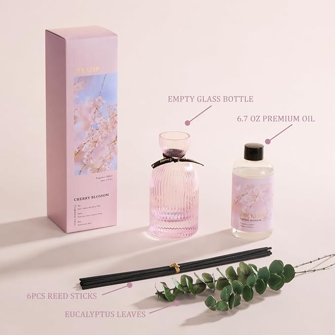 Airkeep Reed Diffuser Set 6.76 oz – Cherry Blossom Home Fragrance with Eucalyptus Sticks – Decorative Glass Bottle for Bathroom, Bedroom & Living Room Décor – Gift Ready