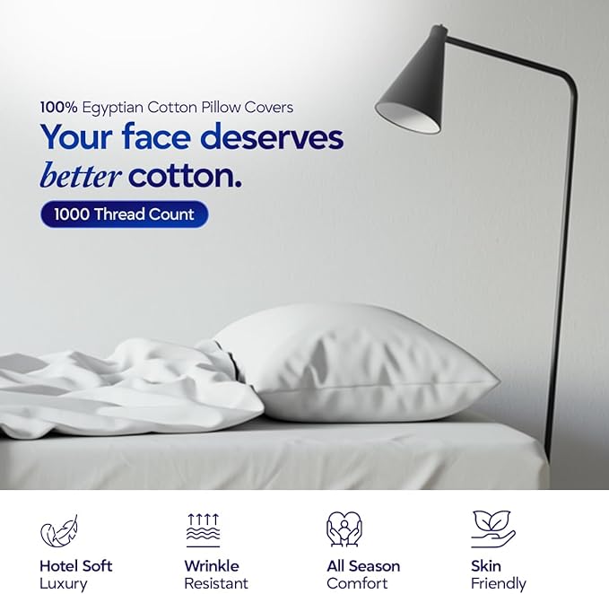 1000 TC Pillowcases Set of 4 100% Egyptian Cotton Pillow Cases with Long Staple Cotton & Sateen Weave, Silky Soft Hotel Like Bed Pillow Covers, Snug Fit (White, 2 Pc King)
