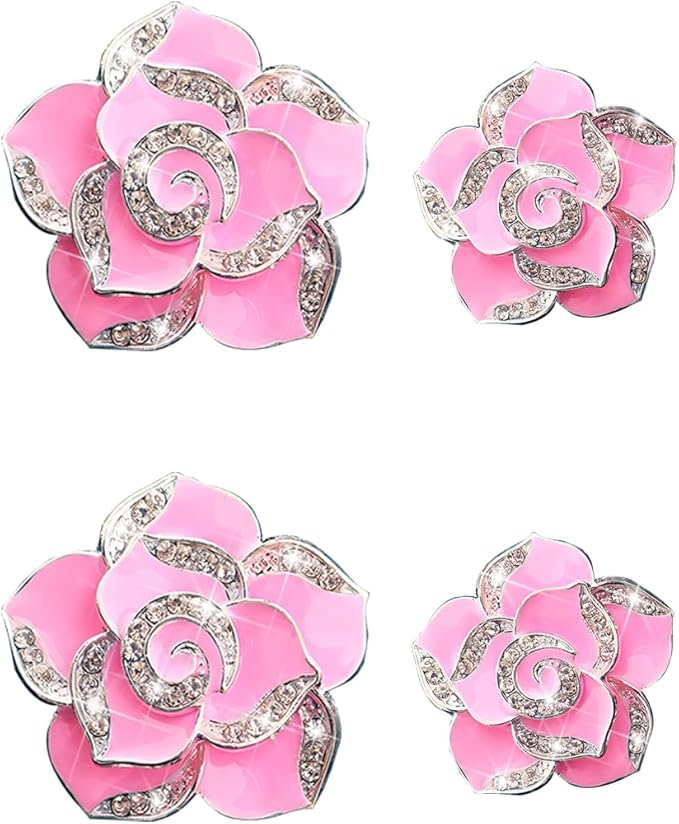 4PCS Bling Car Air Vent Clips, Flower Shiny Rhinestone Clip-on Vehicle Air Outlet Clamp, Sparkly Diamond Auto Interior Vent Decoration Clip, Universal for SUV Automobile Truck (Pink)