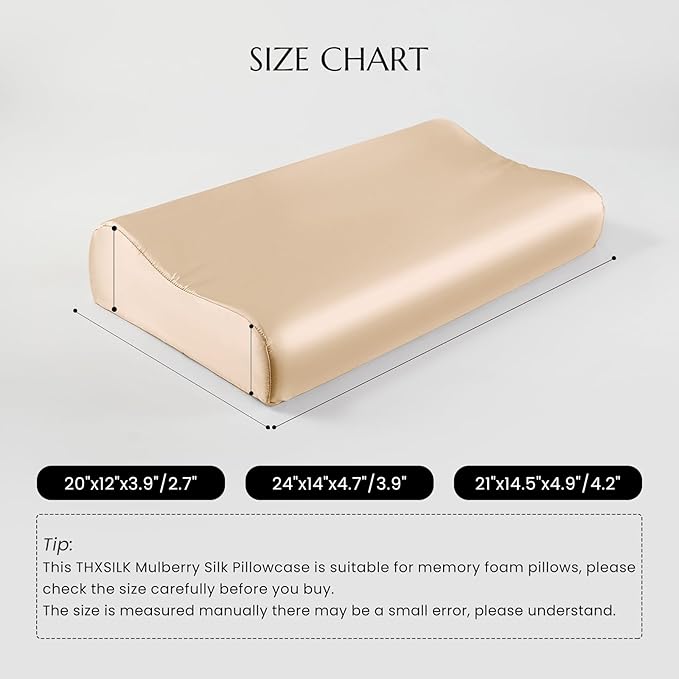 THXSILK 19 Momme 100% Mulberry Silk Pillowcase for Contour Memory Foam Pillow, Contour Pillow Case Cover, Cervical Pillow Case, Pack of 1(Champagne, 20"x12"x3.9"/2.7")