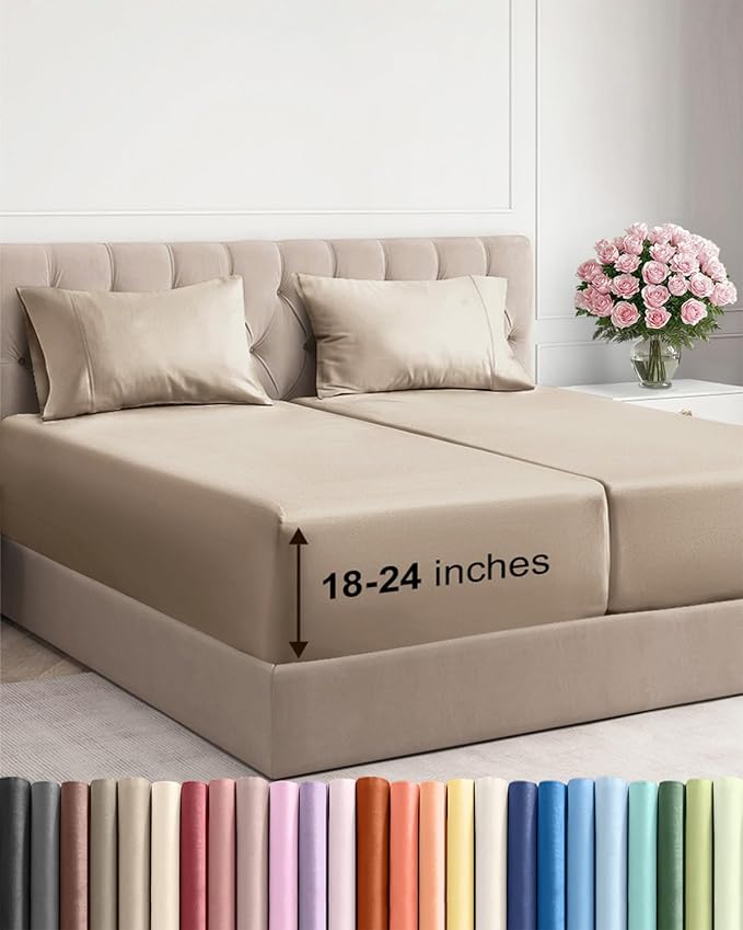 Extra Deep Split King Sheet Set - 5 Piece Breathable & Cooling Bed Sheets - Easily Fits 18 to 24 inch Mattress - Ultra Soft, Wrinkle & Fade Free w/ Extra Deep Pockets - Hotel Luxury Bedding - Cream