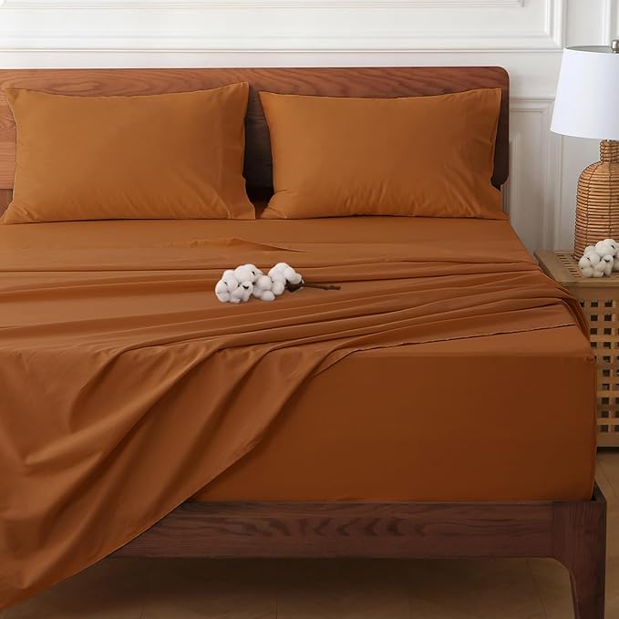 HYPREST Extra Deep Pocket Cal King Sheet Sets Fits 18"-24" in Deep Mattress -100% Cotton California King Sheet Set, Burnt Orange Hotel Luxury Soft Sheet Sets Breahtable No Slipping