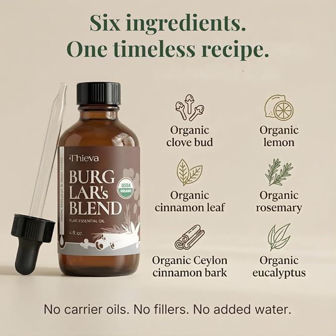 THIEVA Burglar’s Blend Essential Oil 4 oz – USDA Organic Pure Oil Blend for DIY Household Cleaning Seasonal Home Wellness and Diffuser Aromatherapy