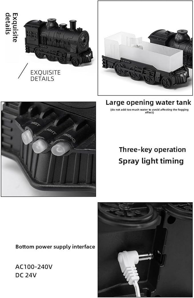 EBTOOLS 300Ml 8W Train Shaped Humidifier With Night Light, Dual Spray Modes, Warm and Cool Blue Light, Low Noise, Essential Oil Diffuser, Misting Function, Cool Mist Humidifier (Black)