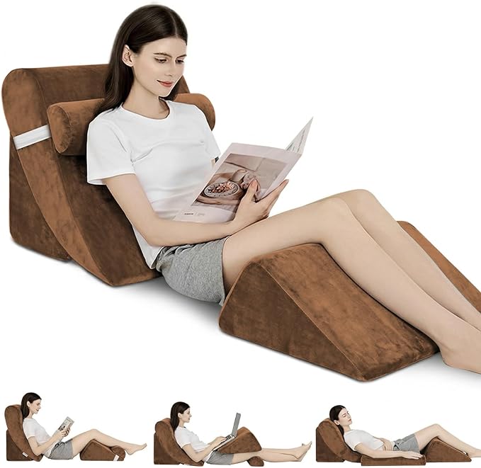 4PCS Orthopedic Bed Wedge Pillow Set for Post Surgery&Pain Relief,Adjustable Wedge Pillow for Back,Acid Reflux,Sitting up in Bed,Recovery,Snoring,Body Pillow for Sleeping (Brown)