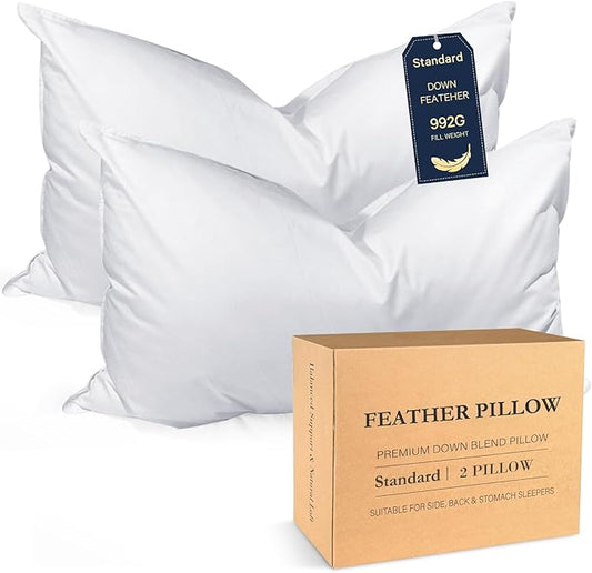 BHZ Down Feather Standard/Queen Pillows Set of 2 Pack, Luxury Hotel Collection Goose Bed Pillows for Sleeping Firm Soft Support for Side, Back, Stomach Sleepers for College Dorm Essentials, White