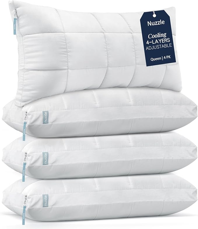 Nuzzle Pillows Queen Size Set of 4 Adjustable Firm Pillows, Luxury Hotel Collection Bed Pillows – Best Adjust Height Soft Cooling Pillows for Back, Stomach and Side Sleepers