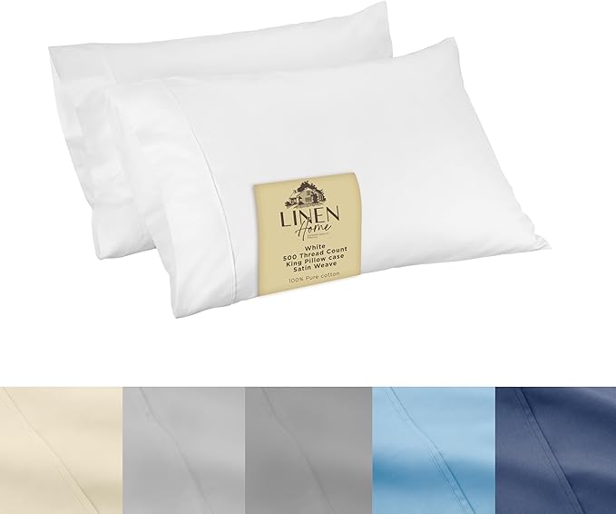 Linen Home 500 Thread Count King Pillowcase Set | 100% Long-Staple Cotton Pillow Cases | Soft & Smooth Luxury Satin Set of 2 Pillowcases | 4 Inch Z Hem | White