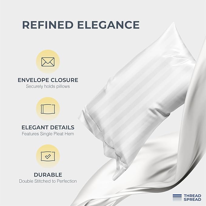 THREAD SPREAD 100% Egyptian Cotton Damask Pillow Cases Queen Size Set of 2 - Luxury 1500 Series Queen Pillow Cases (White Stripe), Soft Cooling Envelope Closure Hotel Egyptian Cotton Pillowcases