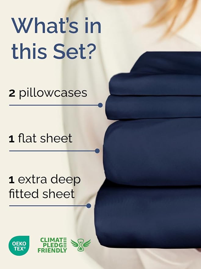 Extra Deep Cal King Sheet Set - 4 Piece Breathable & Cooling Bed Sheets - Easily Fits 18 to 24 inch Mattress - Ultra Soft, Wrinkle & Fade Free w/ Extra Deep Pockets - Hotel Luxury Bedding - Navy Blue