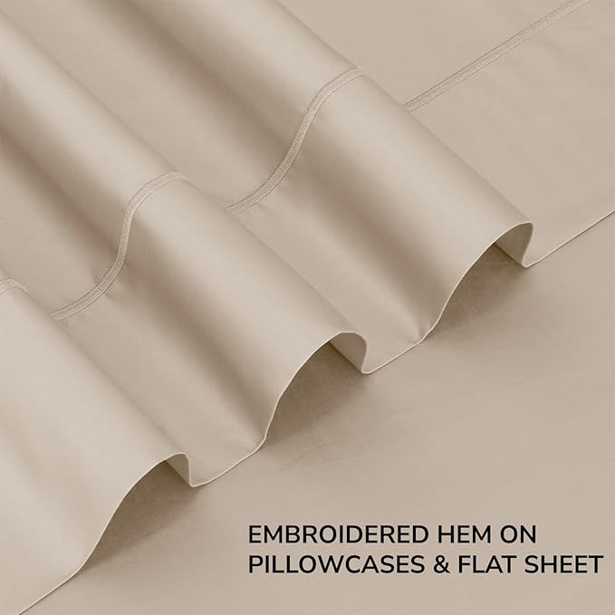 Feather & Stitch 500 TC Twin Size 3pc Damask Bed Sheet Set, 100% Soft Cotton Breathable Bedsheets, 18" Deep Pockets Sateen Weave Solid Bedding Mattress Resort Hotel Luxury Decor - (Champagne Beige)