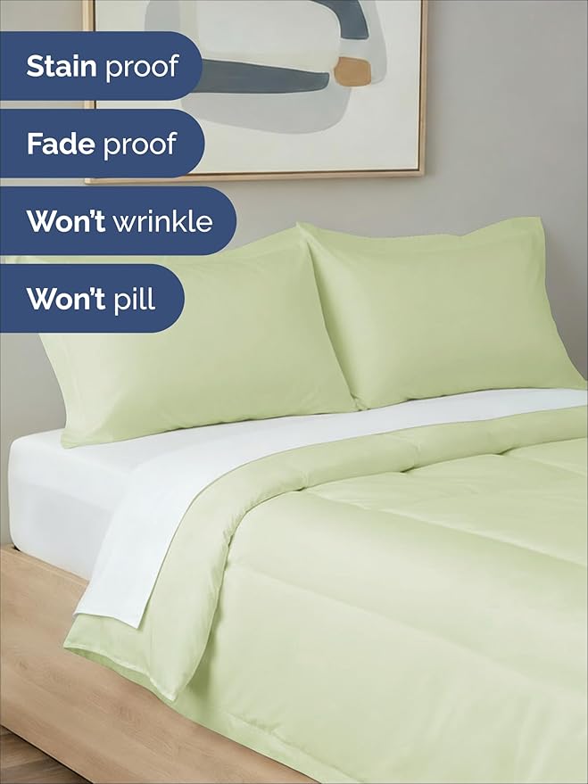 Full Comforter Set - 3 Piece Bed Set for All Seasons - 1 Soft Quilted Comforter with Corner Tabs & 2 Pillow Shams - Comfy, Cozy & Breathable - Premium Down Duvet Insert - Full Size, Light Sage Green