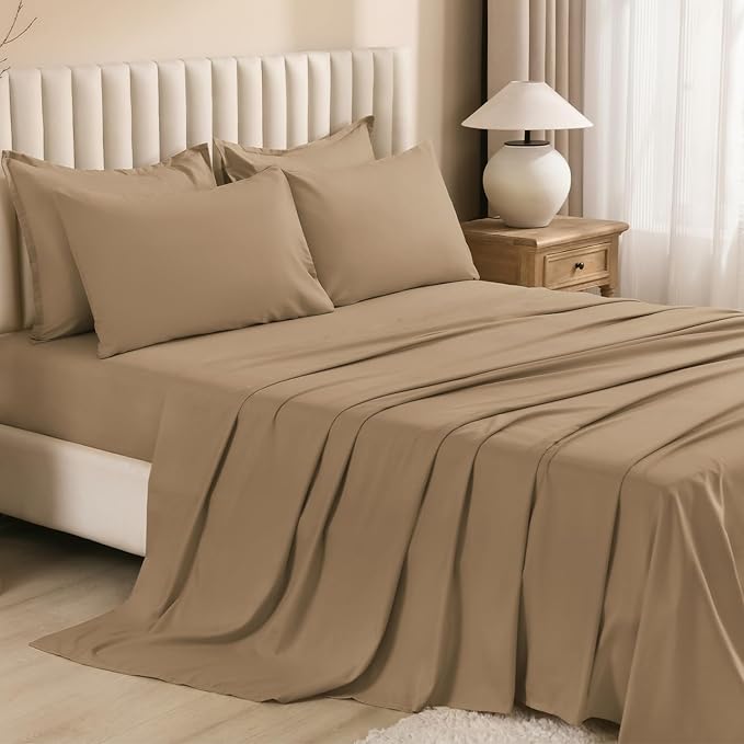 Litanika Queen Comforter Set Taupe - 7 Pieces Bed in a Bag Queen Bedding Comforter Sets, Solid Lightweight Bed Set with Comforter, Sheets, Pillowcases & Shams