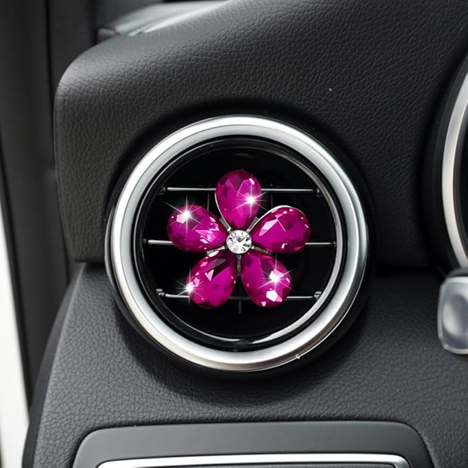5PCS Bling Daisy Flower Car Air Vent Clips, Car Diffuser Vent Clip, Sparkling Crystal Rhinestone Cute Auto Air Conditioning Clamp, Diamond Air Outlet Clip Decor for Women Girls (Rose Red)