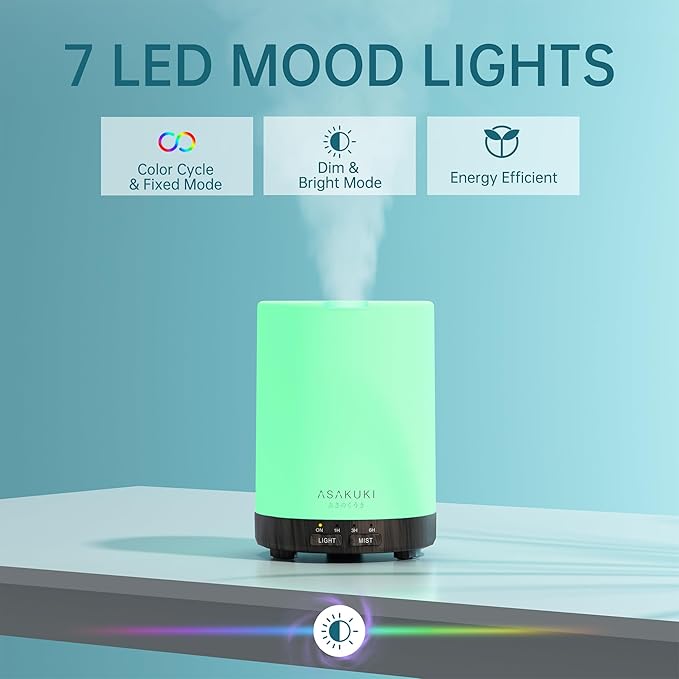 ASAKUKI Essential Oil Diffuser for Home, 300 ml Humidifier with Automatic Shut-Off, Quiet Aromatherapy Diffuser with 7 LED Lights for Living Room, Kitchen, Bedroom, Hotel, Gift for Mom - Black