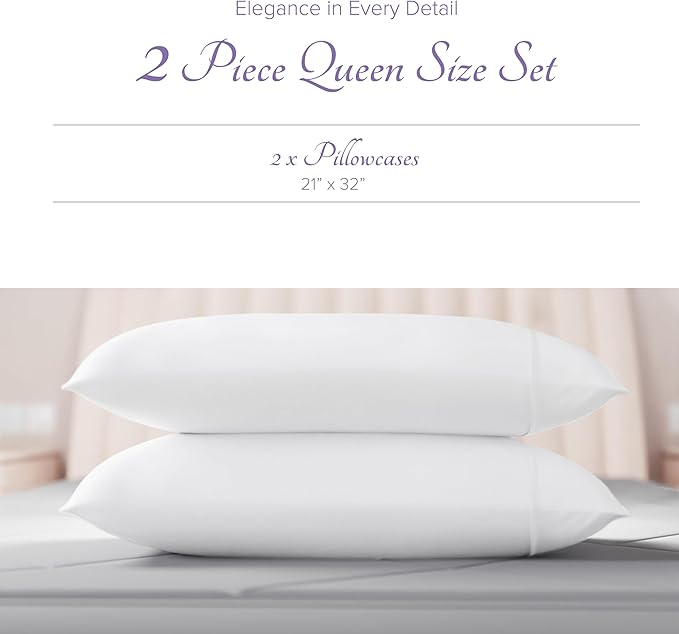Carressa Linen 100% Egyptian Cotton Pillow Cases Queen Size Set of 2 - Luxury 600 Series Hydrangeas Collection Queen Size Pillowcases (White), Cooling Sateen Weave Hotel Quality Bed Pillow Cover