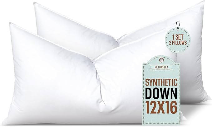 Pillowflex Set of 2 Synthetic Down Alternative Pillow Inserts for Shams, Soft & Plush Pillow Inserts, Faux Down Alternative Pillows or Micro Denier, Cotton Blended Shell Fabric - (12 Inch by 16 Inch)