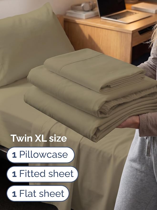 Extra Deep Twin XL Sheet Set - 3 Piece Breathable & Cooling Bed Sheets - Easily Fits 18 to 24 inch Mattress - Ultra Soft, Wrinkle & Fade Free w/ Extra Deep Pockets - Comfy Hotel Luxury Bedding - Khaki