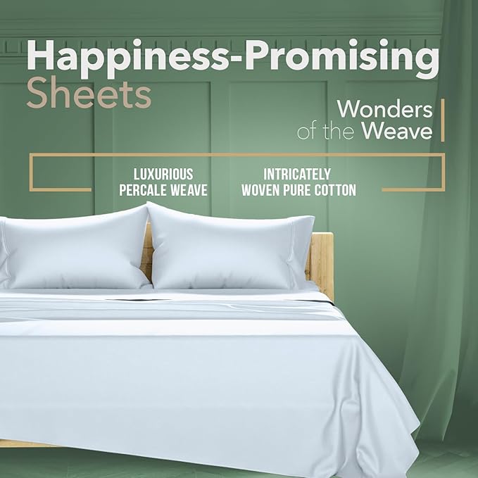 TEXAS LINEN CO. 100% Organic Cotton Sheets Queen Size - 4 PC Organic Cotton Queen Size Percale Weave Sheet Set, Soft, Cooling, Crisp, 16" Deep Pocket Hotel Quality Bedding Set - Light Blue