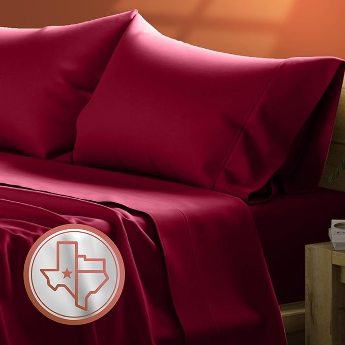 TEXAS LINEN CO. Luxury Egyptian Cotton King Size Sheet Set - Texan Talkin' Collection 600 Series 4 PC Deep Pocket Fitted and Flat Sheets, Cooling Extra Long Staple Sateen Hotel Bedding - Burgundy