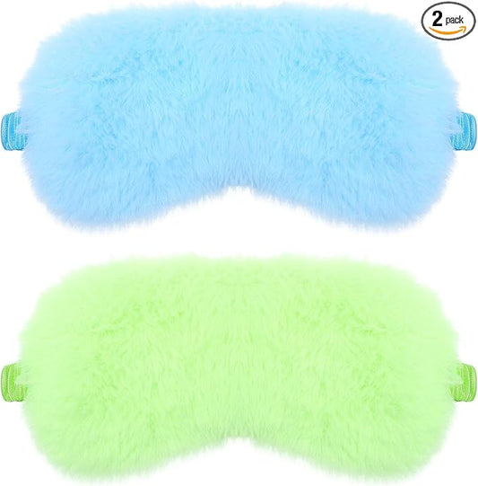 2 Pcs Plush Leopard Eye Mask Soft Sleeping Blindfold Eye Cover Comfortable Furry Faux Fur Sleeping Mask Satin Nap Night Eyeshade Cover for Women Men Gift (Green, Blue)