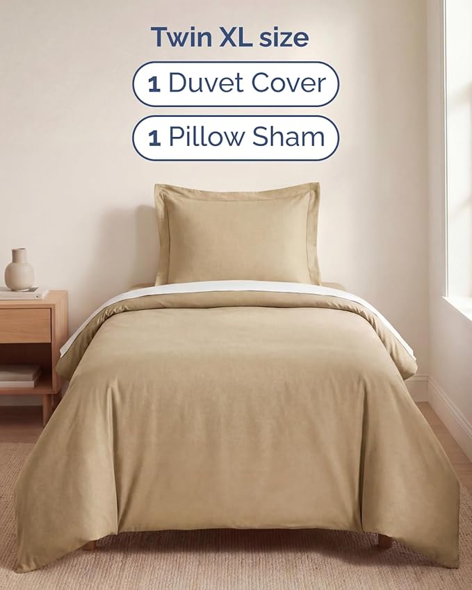 Duvet Cover Twin/Twin XL Size Set - Extra Soft Twin/Twin XL Duvet Cover 68" x 90" with 1 Pillow Sham - Hotel Luxury, Easy Care, Fade Free w/ Zipper Closures & Ties - Comfy & Breathable (Heathered Tan)