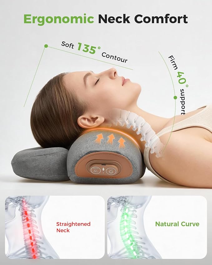 3-in-1 Neck Massager Pillow for Pain Relief Deep Tissue with Heat, Cordless & Rechargeable Massager with Traction for Neck Hump & Shoulder Comfort, Memory Foam Pillow for Home Office Travel