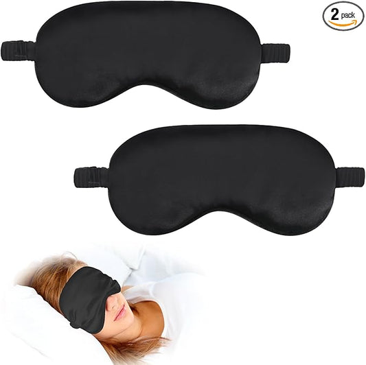 2 Pack Silk Sleep Mask Adjustable Silk Eye Mask for Sleeping Soft Sleeping Eye Shade Cover for Women Men Soft Blackout Eye Mask Satin Blindfold with Elastic Strap for Travel & Home-Black