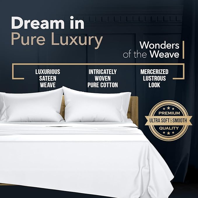 TEXAS LINEN CO. 100% Egyptian Cotton King Sheets Set - Luxury 1500 Series Couture Comfortin' Collection Egyptian Cotton Sheets King Size Bed Set (4 PC, White), 17" Deep Pocket, Hotel Bedding Set
