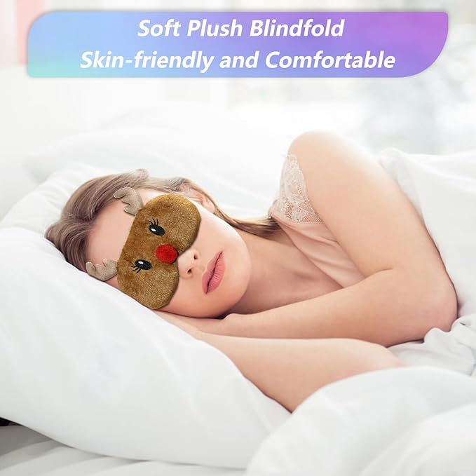 Cute Animal Sleeping Mask Sleep Mask, Christmas Reindeer Soft Plush Eye Masks for Travel Nap Funny Rudolph Blindfold Eye Cover Eyeshade for Adult Teens Men Women - Reindeer, Brown