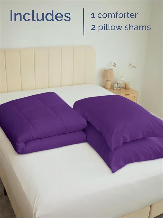 Queen Comforter Set - 3 Piece Bed Set for All Seasons - 1 Soft Quilted Comforter w/ Corner Tabs & 2 Pillow Shams - Comfy, Cozy & Breathable - Premium Down Duvet Insert - Oeko-TEX - Queen Size, Purple