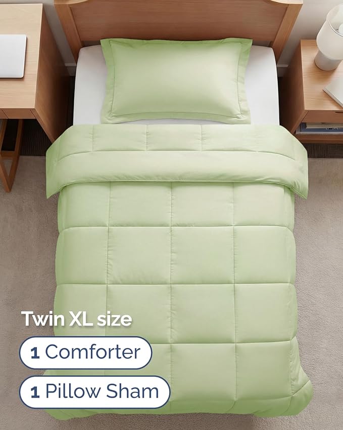 Twin XL Comforter Set - 2 Piece Bed Set for All Seasons - 1 Soft Quilted Comforter with Corner Tabs & 1 Pillow Sham - Comfy & Breathable - Premium Down Duvet Insert - Twin XL Size, Light Sage Green