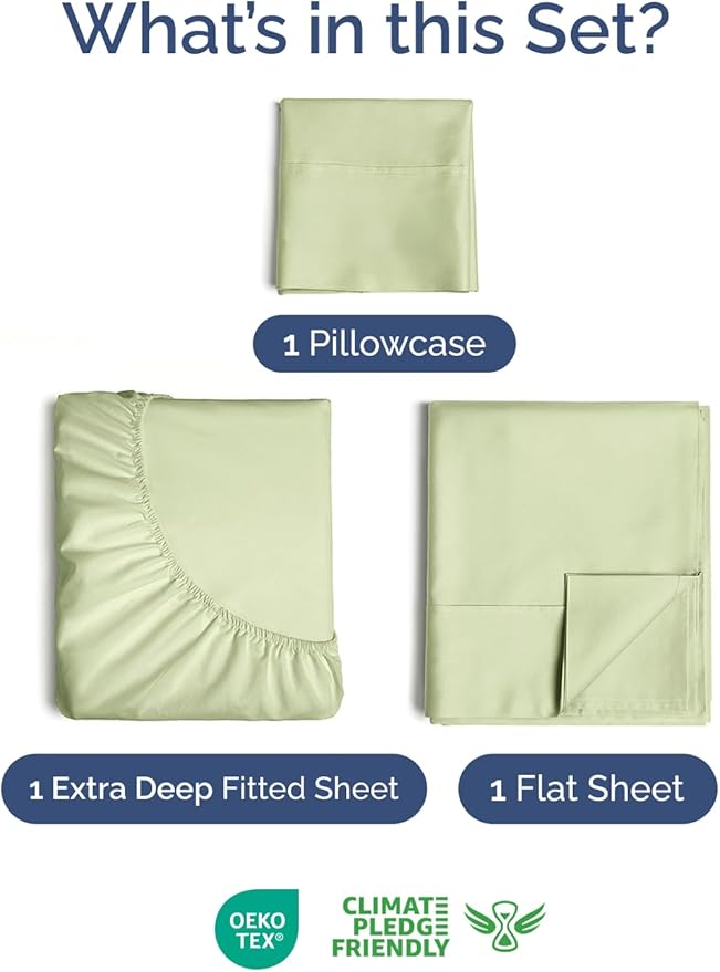 Extra Deep Twin Sheet Set - 3 Piece Breathable & Cooling Bed Sheets - Easily Fits 18 to 24 inch Mattress - Soft, Wrinkle & Fade Free with Extra Deep Pockets - Hotel Luxury Bedding - Light Sage Green