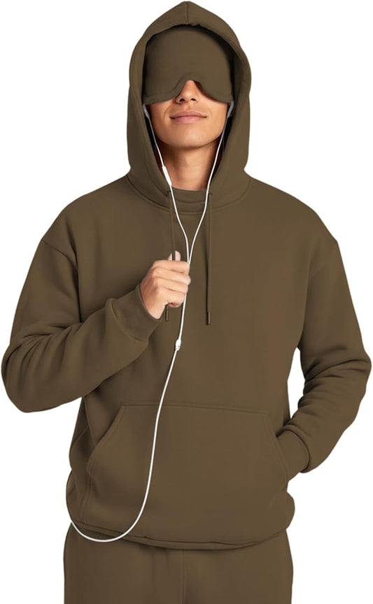 Ainangua Mens Oversized Pullover Essentials Hoodie with Eye Mask Built In Comfor Airplane Mode Travel Sleep Wearable Blanket
