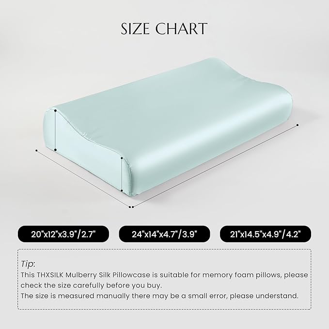 THXSILK 19 Momme 100% Mulberry Silk Pillowcase for Contour Memory Foam Pillow, Contour Pillow Case Cover, Cervical Pillow Case, Pack of 1(Light Blue, 21"x14.5"x4.9"/4.2")