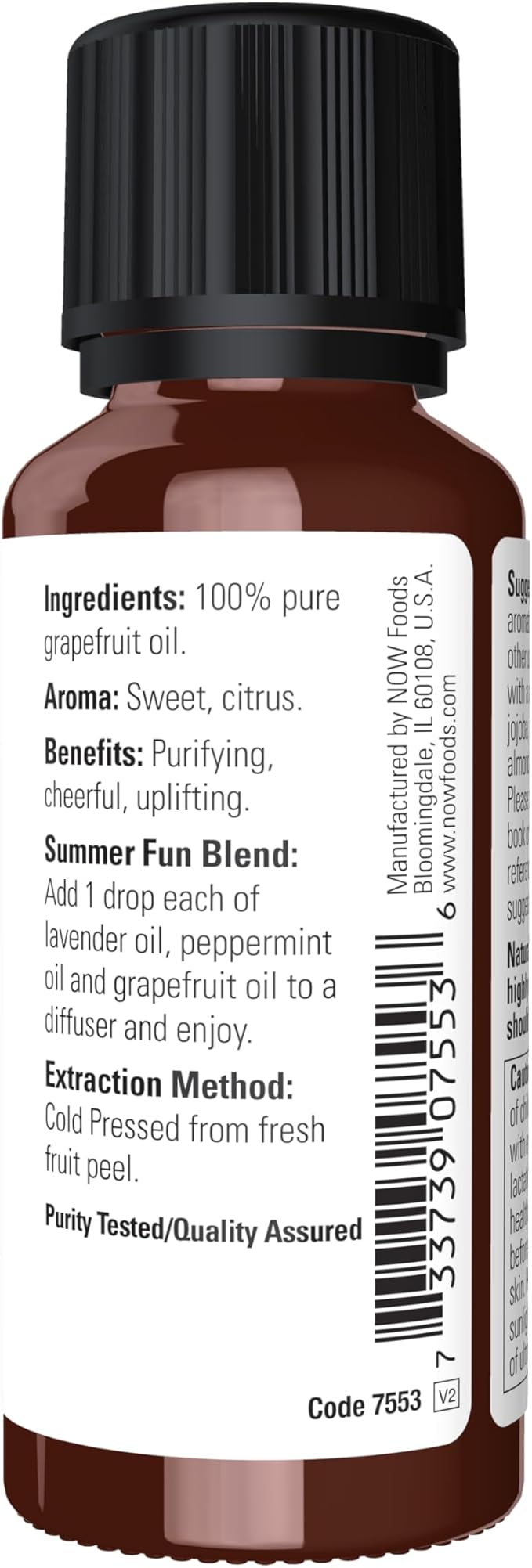 NOW Essential Oils, Grapefruit Oil, Sweet Citrus Aromatherapy Scent, Cold Pressed, 100% Pure, Vegan, Child Resistant Cap, 1-Ounce