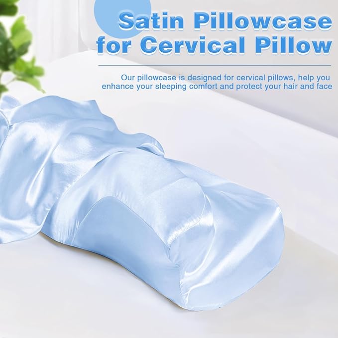 Satin Pillowcase for Cervical Pillow, Baby Blue Silky Cervical Pillow Case Contour Pillow Case Cover with Zipper, Smooth Ergonomic Pillowcase for Neck Pillow Cover