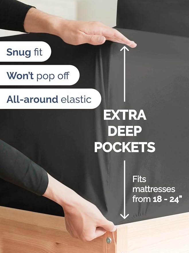 Extra Deep Cal King Sheet Set - 4 Piece Breathable & Cooling Bed Sheets - Easily Fits 18 to 24 inch Mattress - Ultra Soft, Wrinkle & Fade Free w/ Extra Deep Pockets - Hotel Luxury Bedding - Charcoal