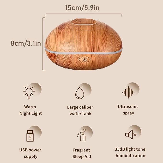 ThreeH Wood Grain Essential Oil Diffuser 200ml Ultrasonic Humidifier 7-Color Changing LED, Auto Off USB-C for Cozy Home Decor