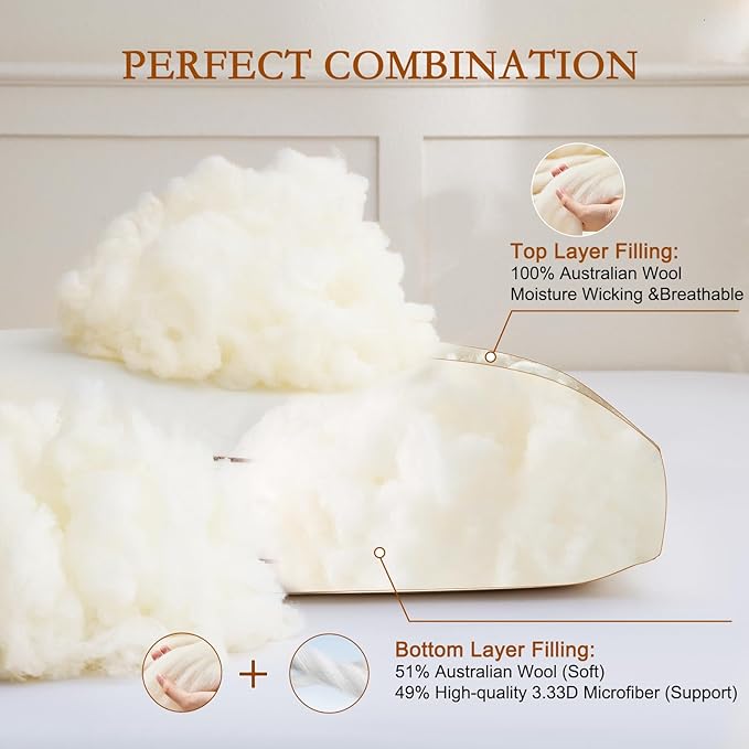 YOUR MOON Natural Soft Wool Pillow King Size, Support Soft Bed Pillows for Sleeping, Premium Australian Wool Filling with 100% Cotton Cover, Down Alternative Pillows (Off White)