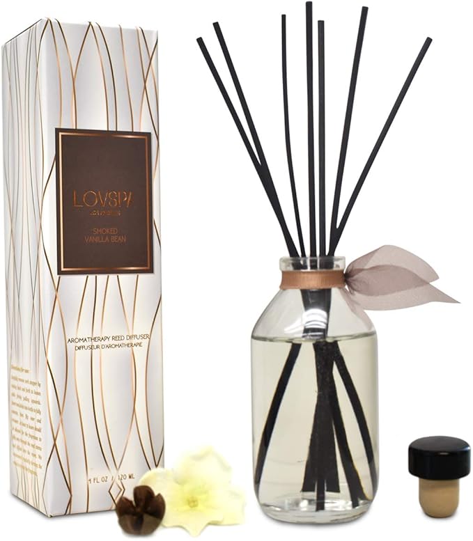 Reed Diffuser Set, Smoked Vanilla Scented Oil Diffuser with Sticks, Home Fragrance Accessories for Bathroom Shelf Decor, Aroma Diffusers for Home or Office Fall Decor, USA Made