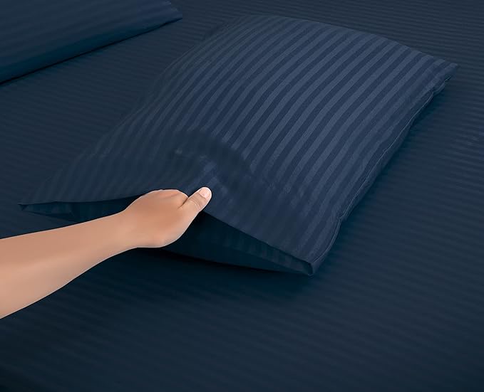 ROYALE LINENS 4 Piece Full Sheets Set - Soft Brushed 1800 Microfiber Bedding - 1 Fitted, 1 Flat Sheet, 2 Pillowcases - Wrinkle Free & Fade Resistant - Hotel Luxury Bed Sheets (Stripe Navy, Full)